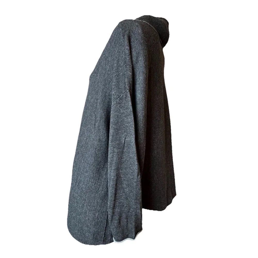 Eileen Fisher Gray Drawstring Funnel Neck Sweatshirt 100% Organic Cotton  – L